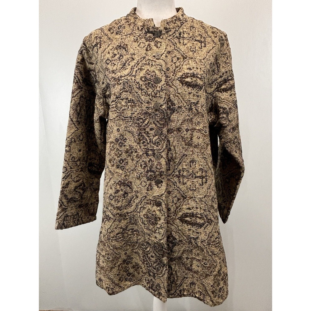Chicos Size 2 Brown Black Tapestry Cotton Blend Band Collar Jacket Womens Large